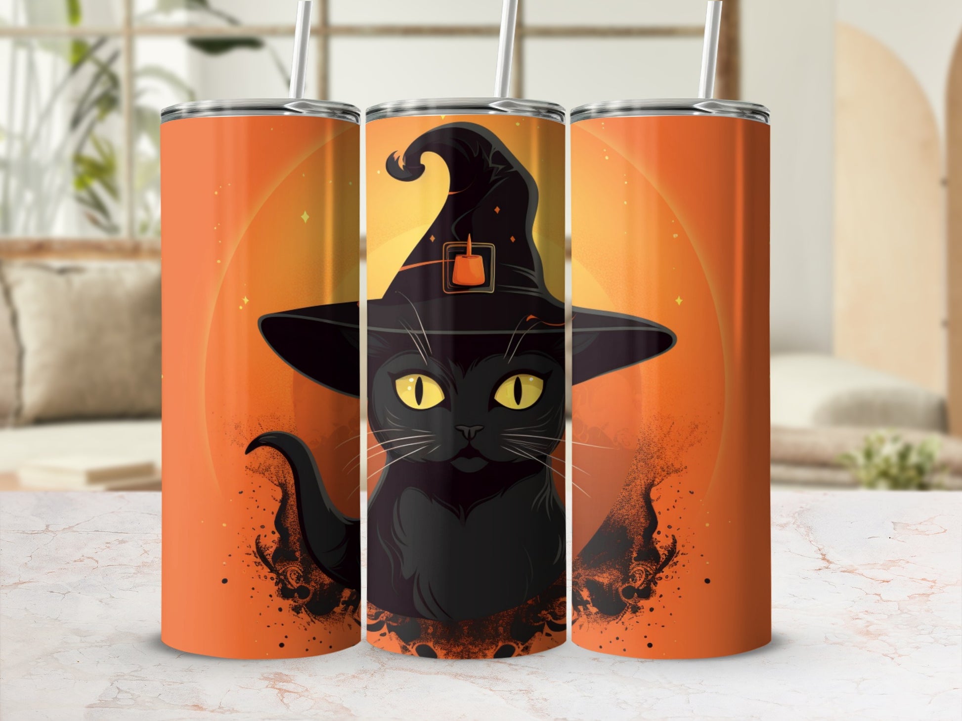 Three tumblers with a black cat wearing a witch hat design and orange background.