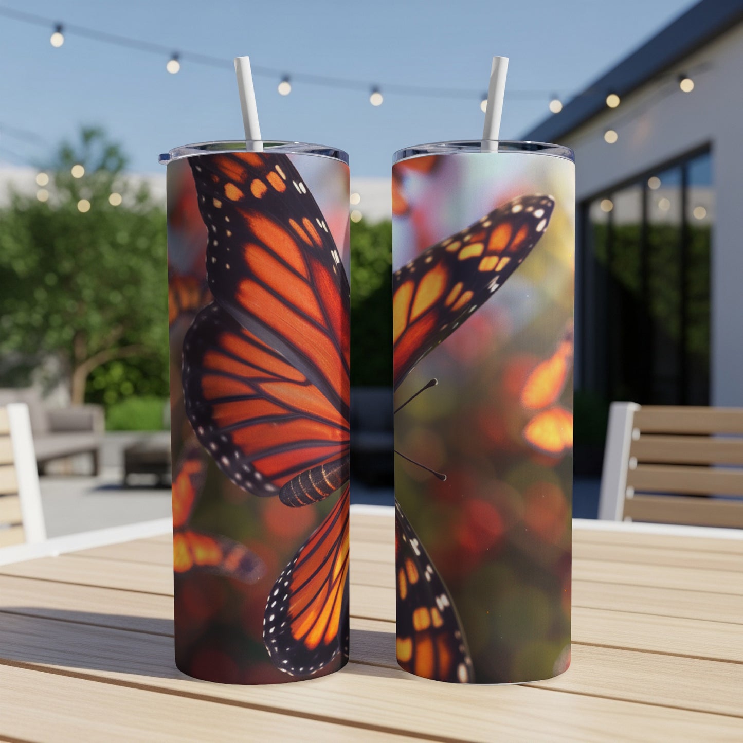 Two tumblers with monarch butterfly wings, outdoors on a table.