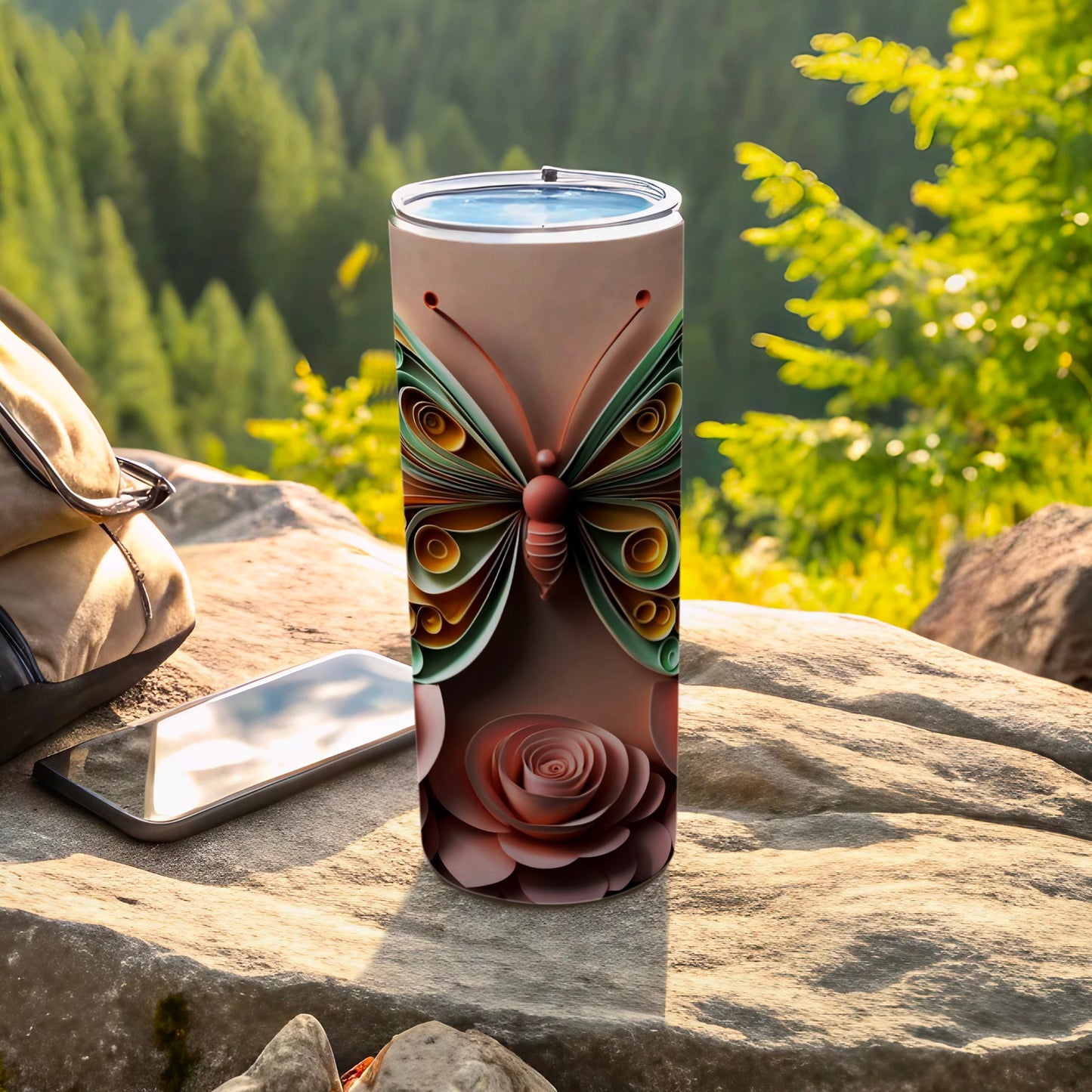 Colorful Butterfly and Rose Travel Tumbler Cup