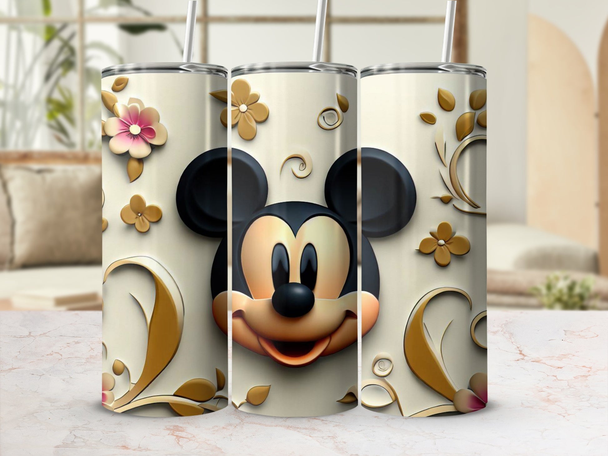 Cute Mickey Mouse with Floral Design Tumbler