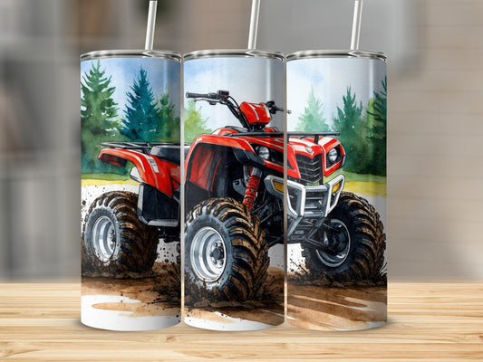 Red ATV on muddy trail with pine trees in watercolor.