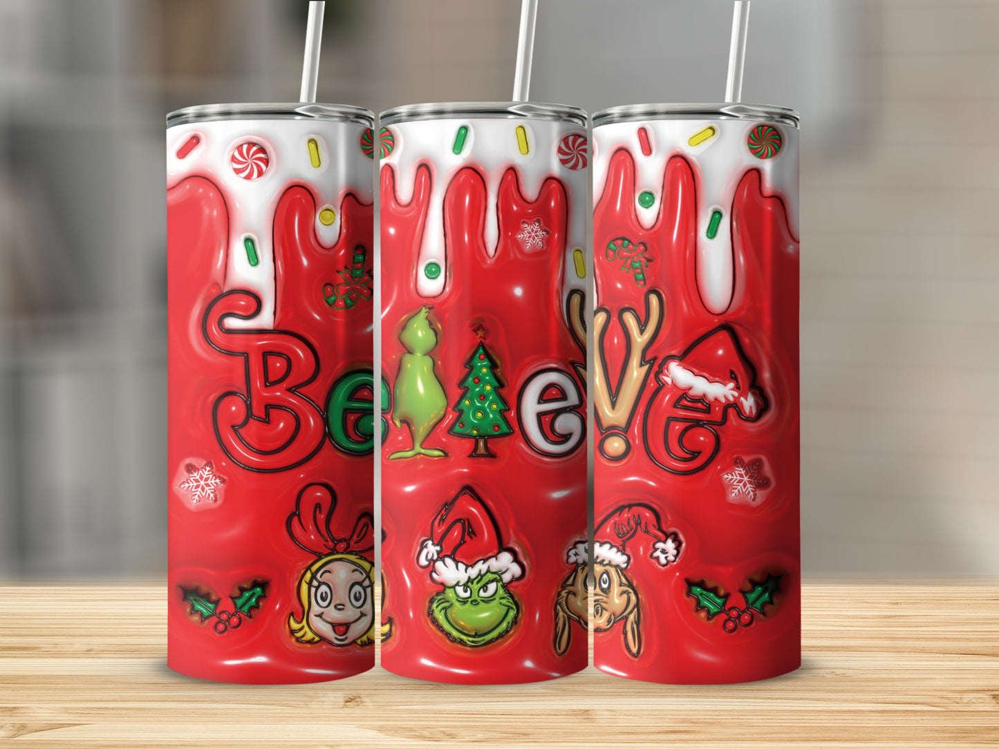 Festive Holiday Believe Tumbler Cup With Straw