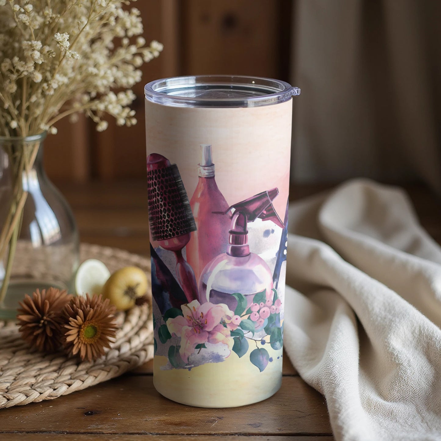 Hair Styling Tools and Floral Art Travel Tumbler
