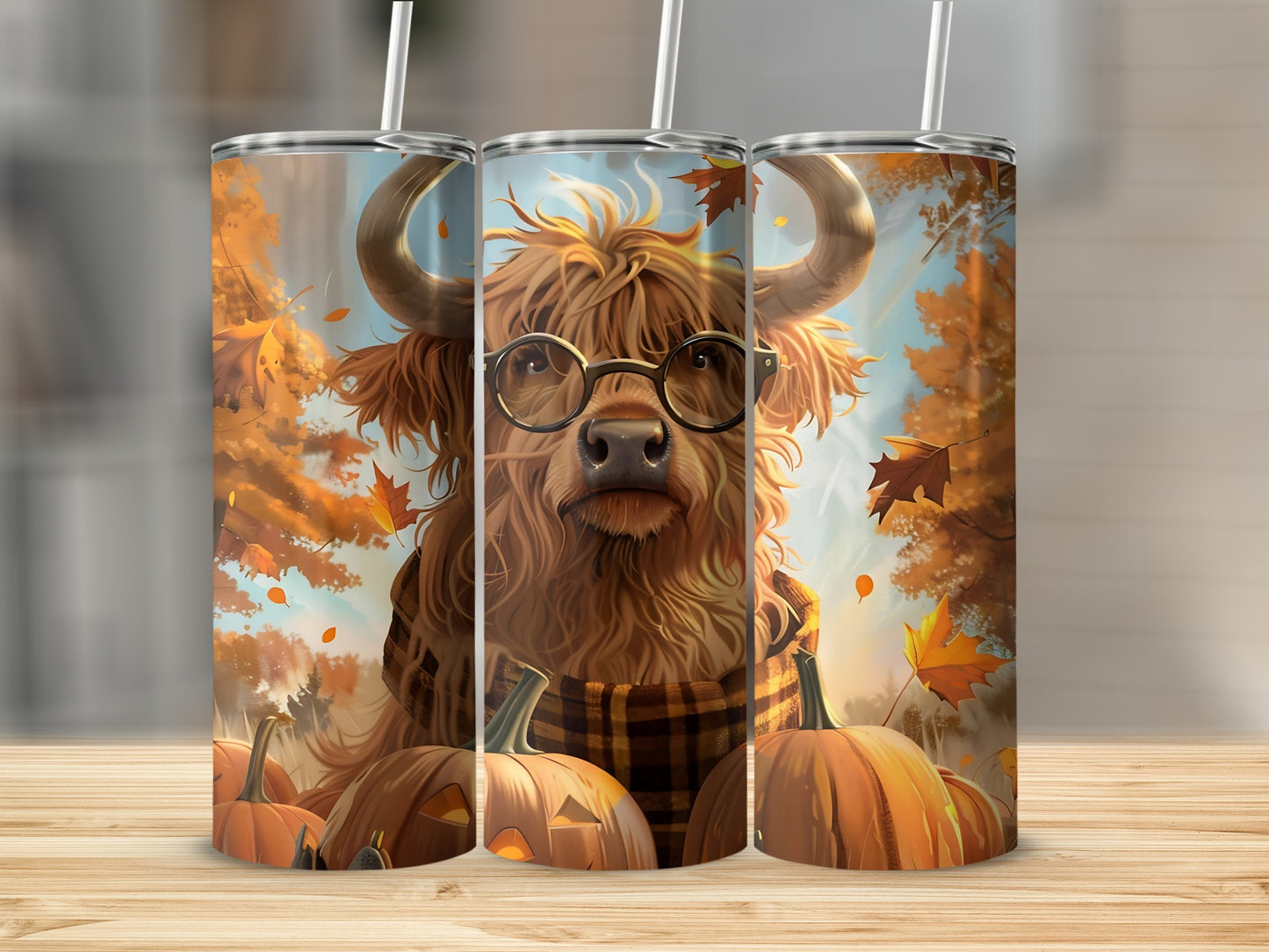 Highland Cow with Pumpkins Autumn Design Tumbler