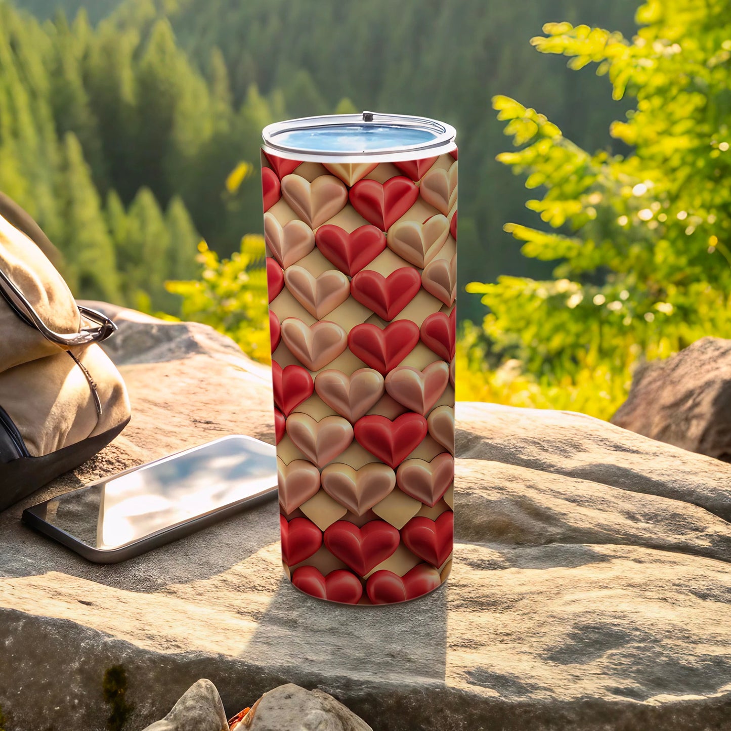 Tumbler with a textured heart pattern in red and gold.