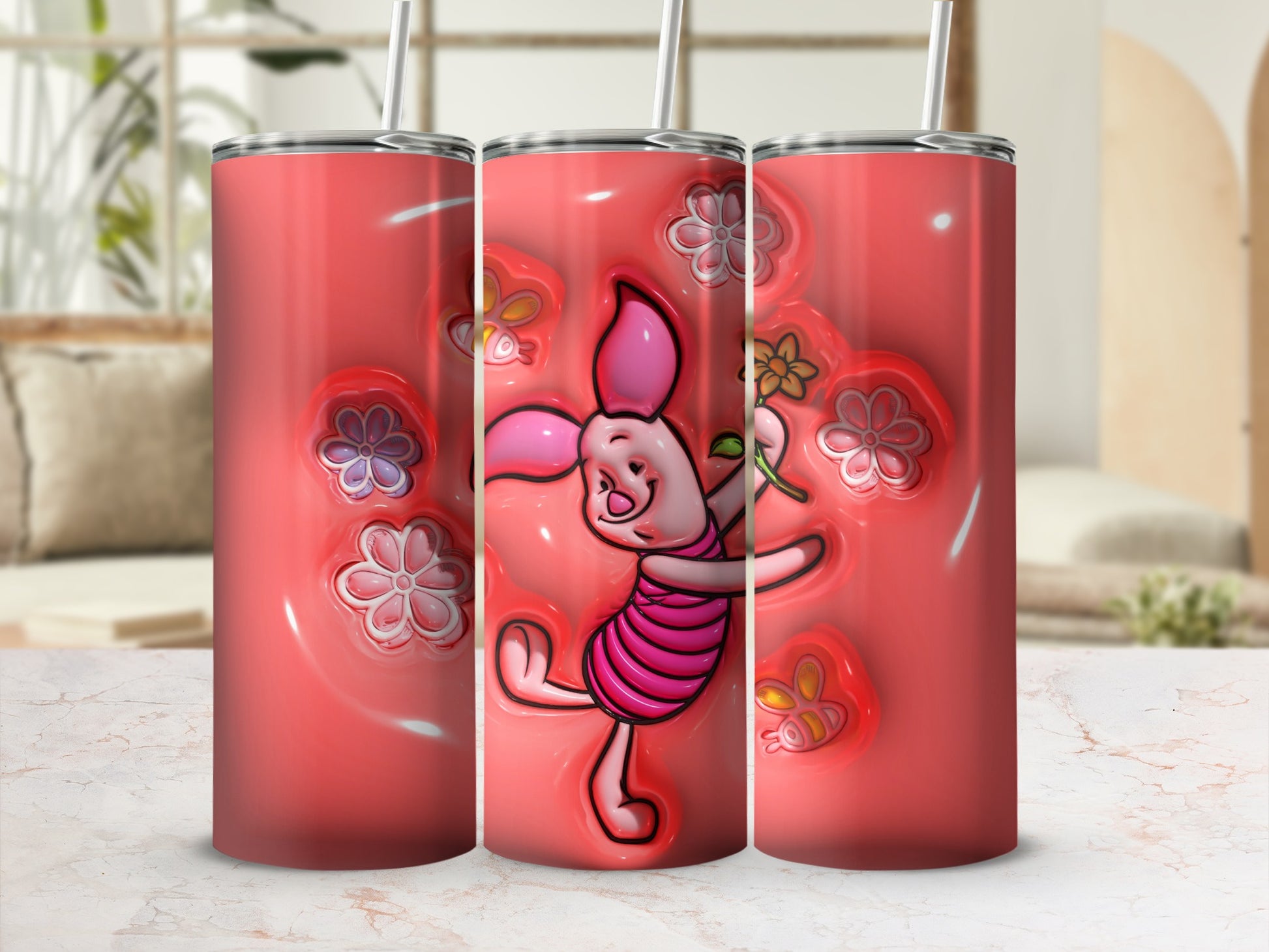 Adorable Piglet with Flowers Design Tumbler Cup