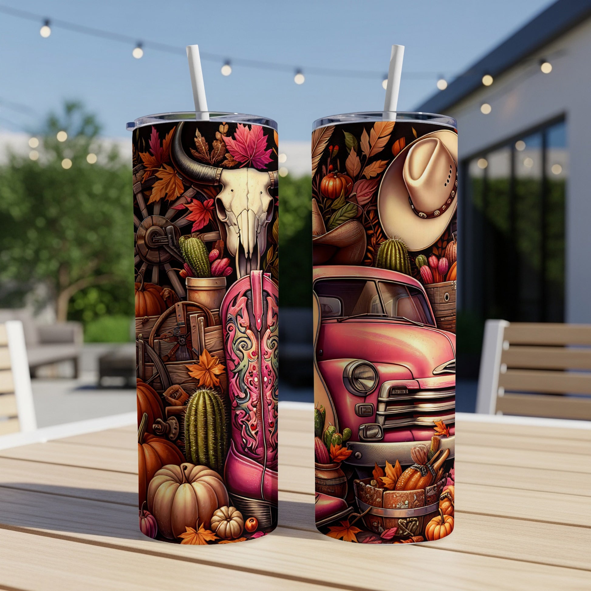Pink cowboy boot and vintage truck on tumbler with autumn elements.