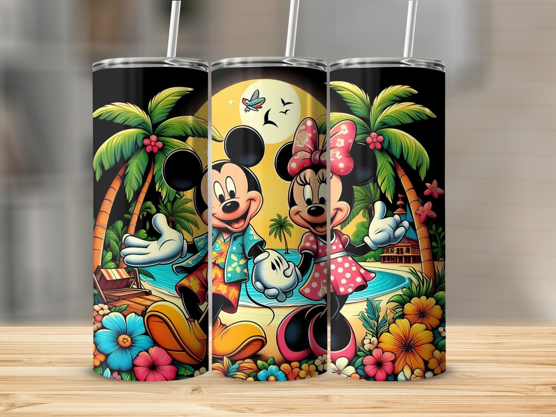 Vibrant Tropical Theme Mickey Minnie Insulated Tumbler Cup