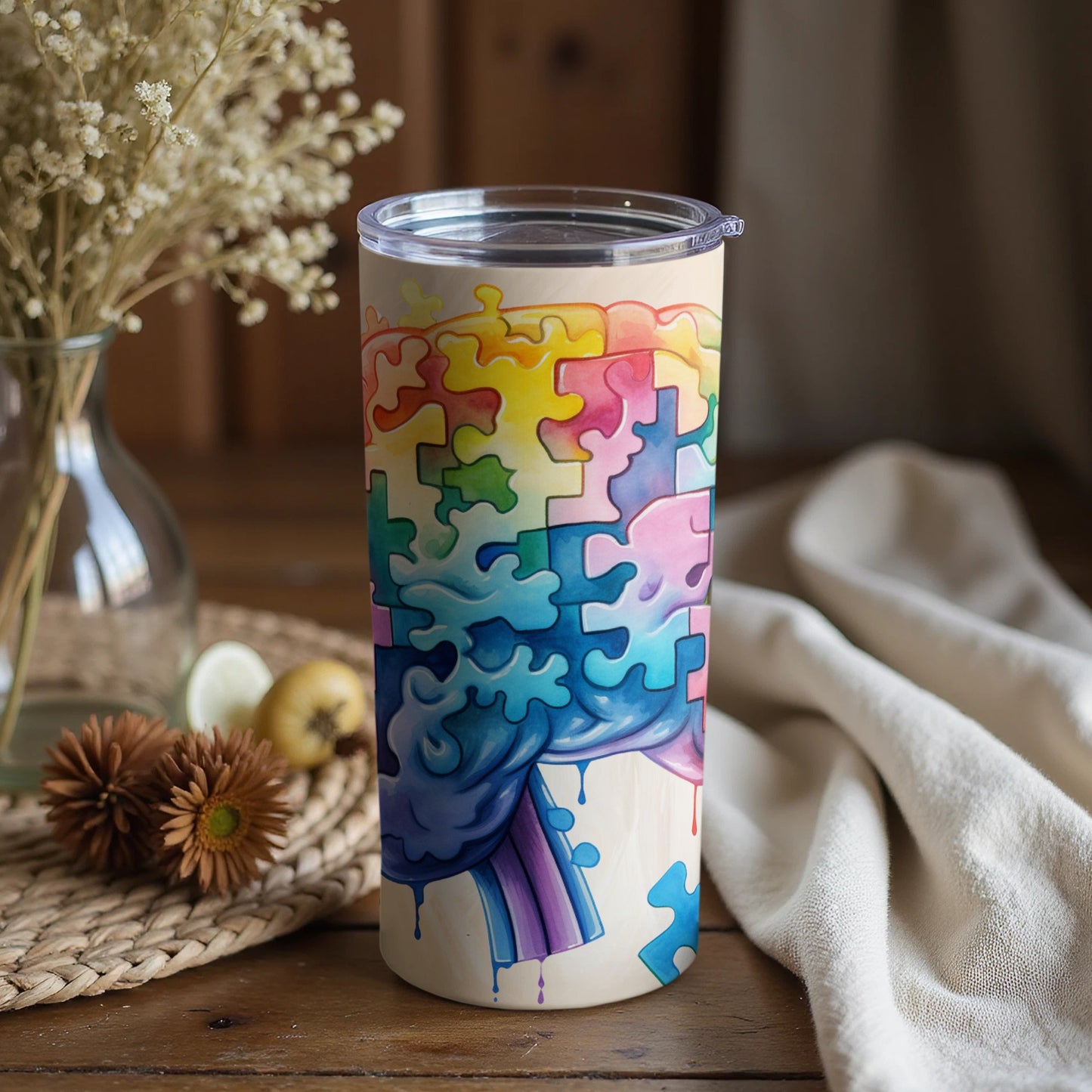 Colorful Puzzle Tree Tumbler with Lid