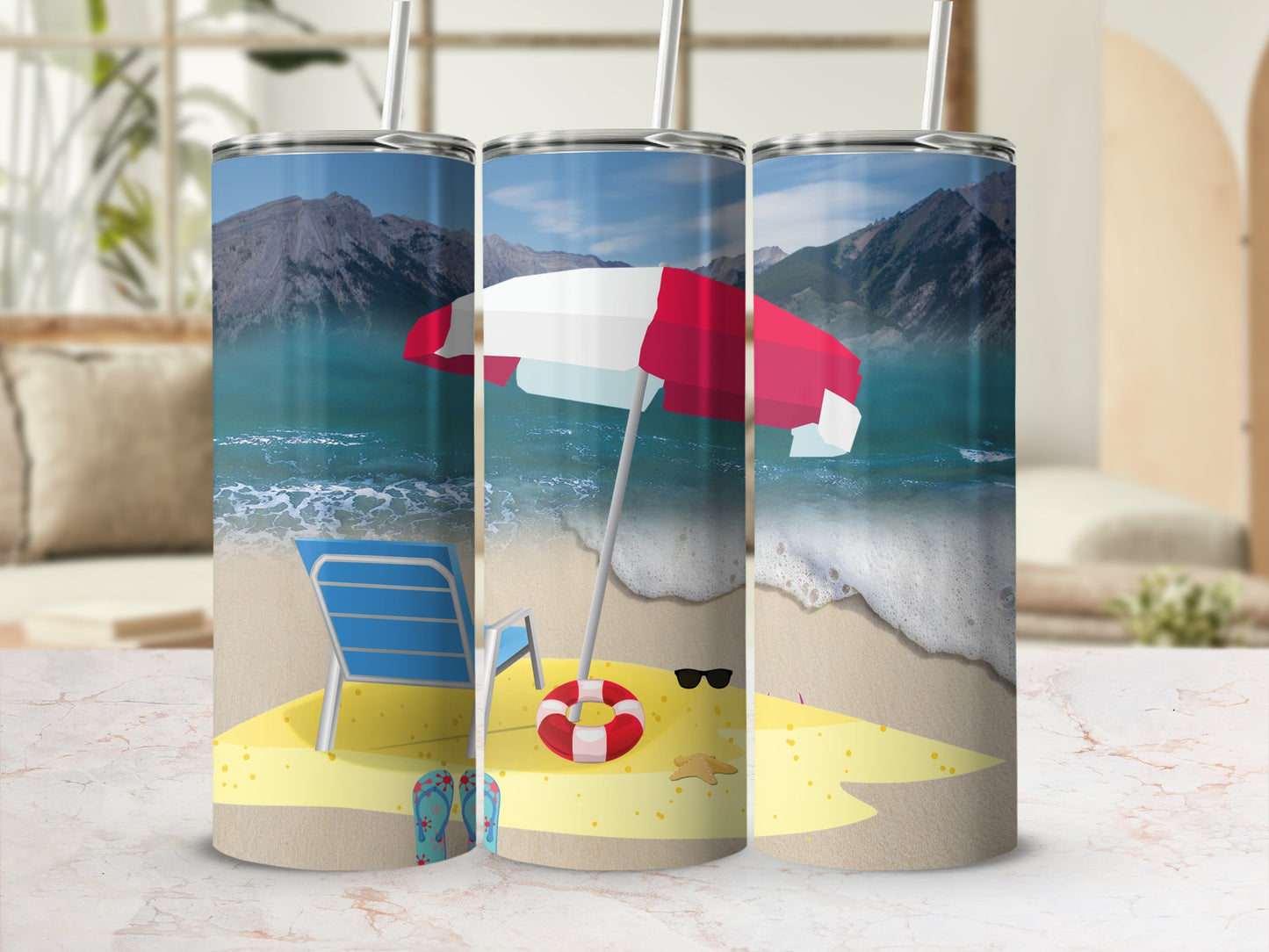 Beach scene with tumbler design: chair, umbrella, sunglasses, starfish, flip-flops.