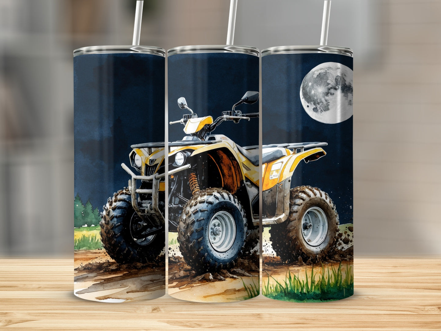 Yellow ATV on dirt path under a full moon and night sky.