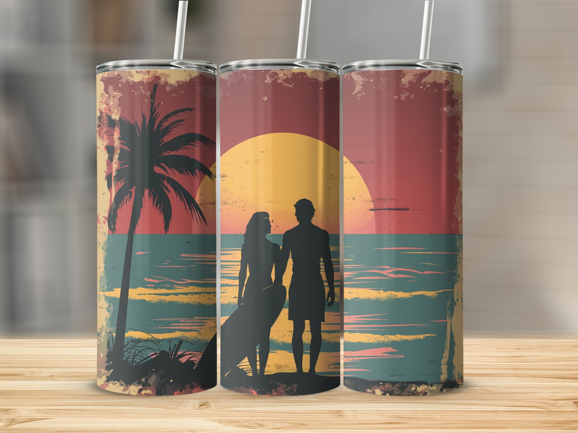Silhouetted couple with surfboard on beach watching sunset.