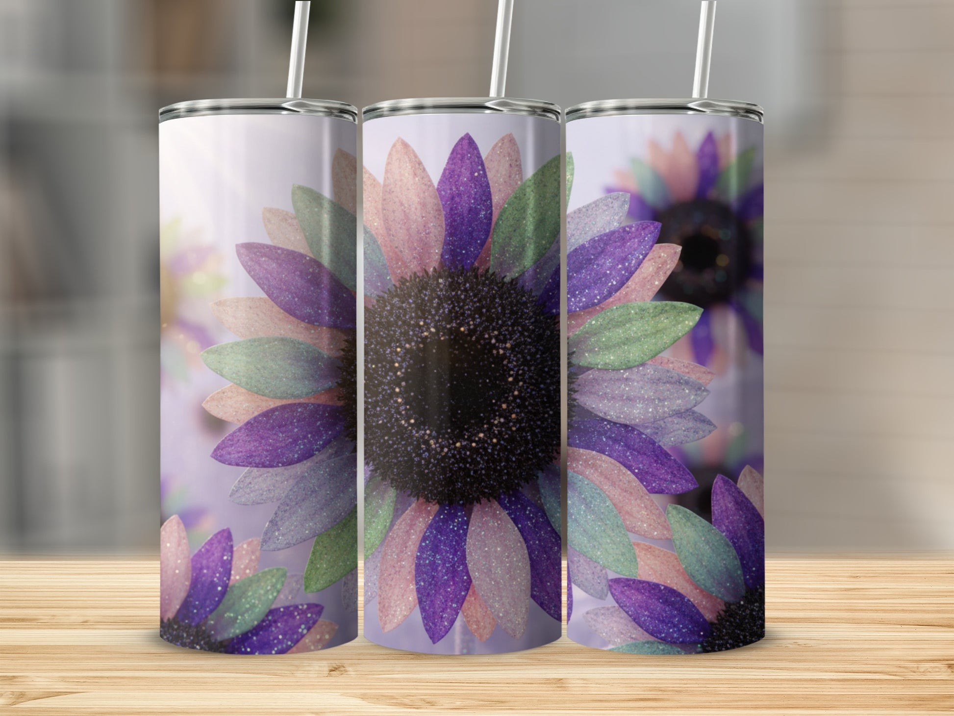 Colorful Glitter Sunflower Design Tumbler with Straw