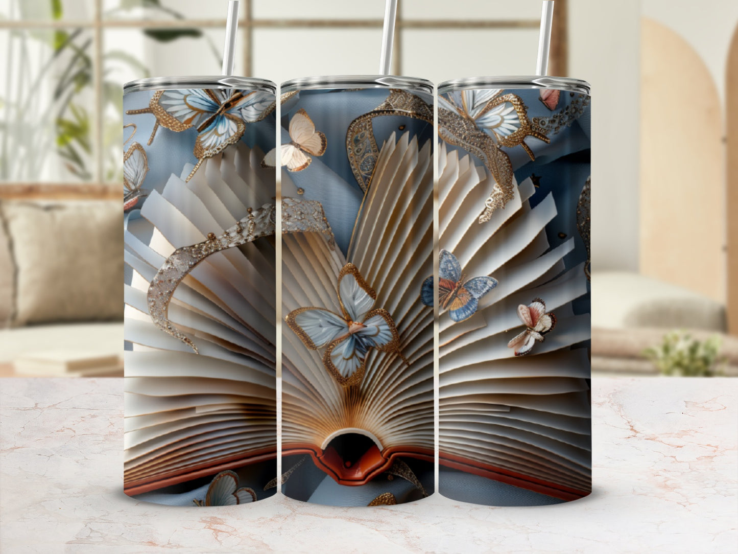 Open book with butterflies and ornate details on a tumbler.