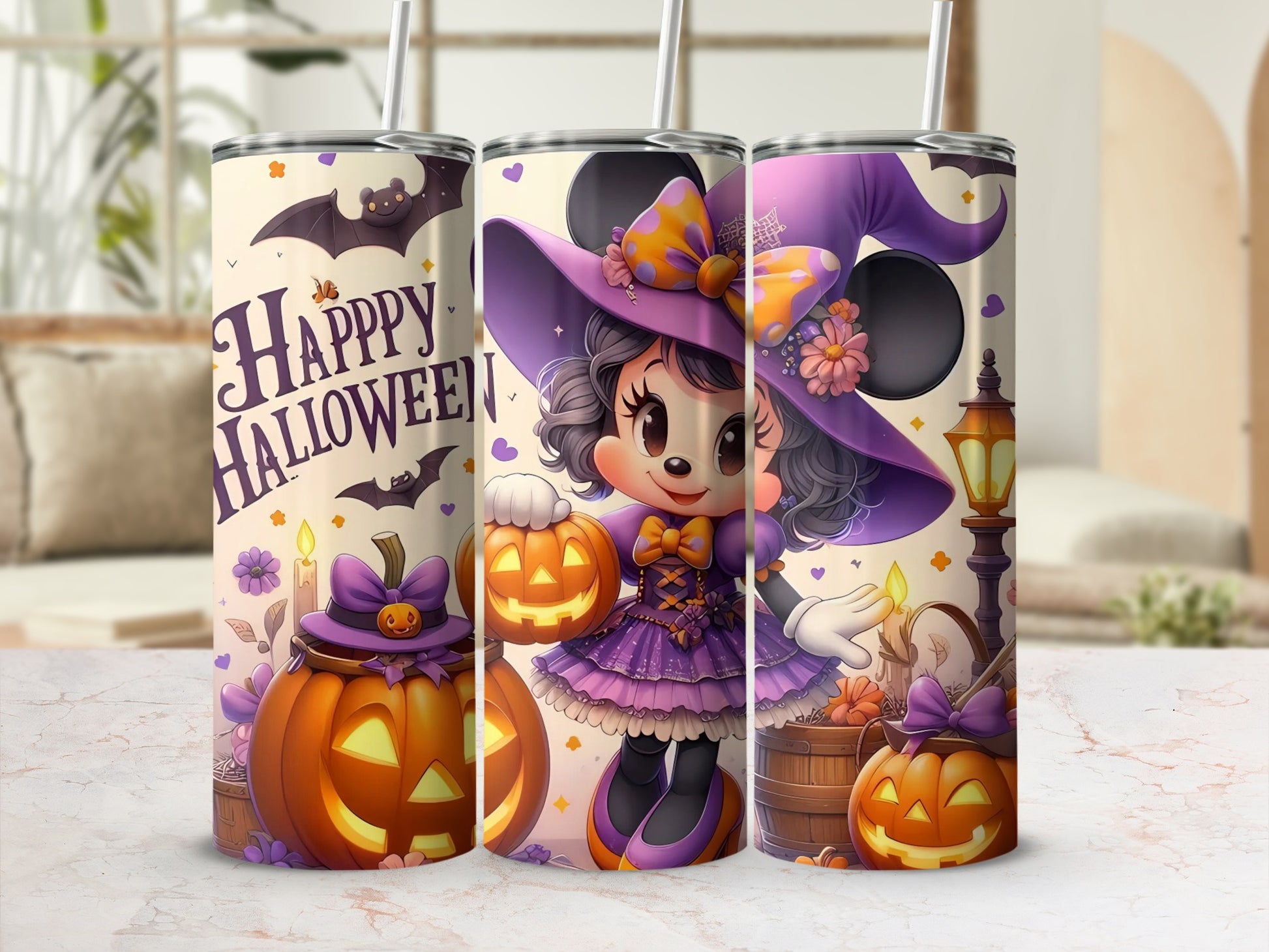 Cute Halloween Witch Tumbler with Pumpkins and Bats