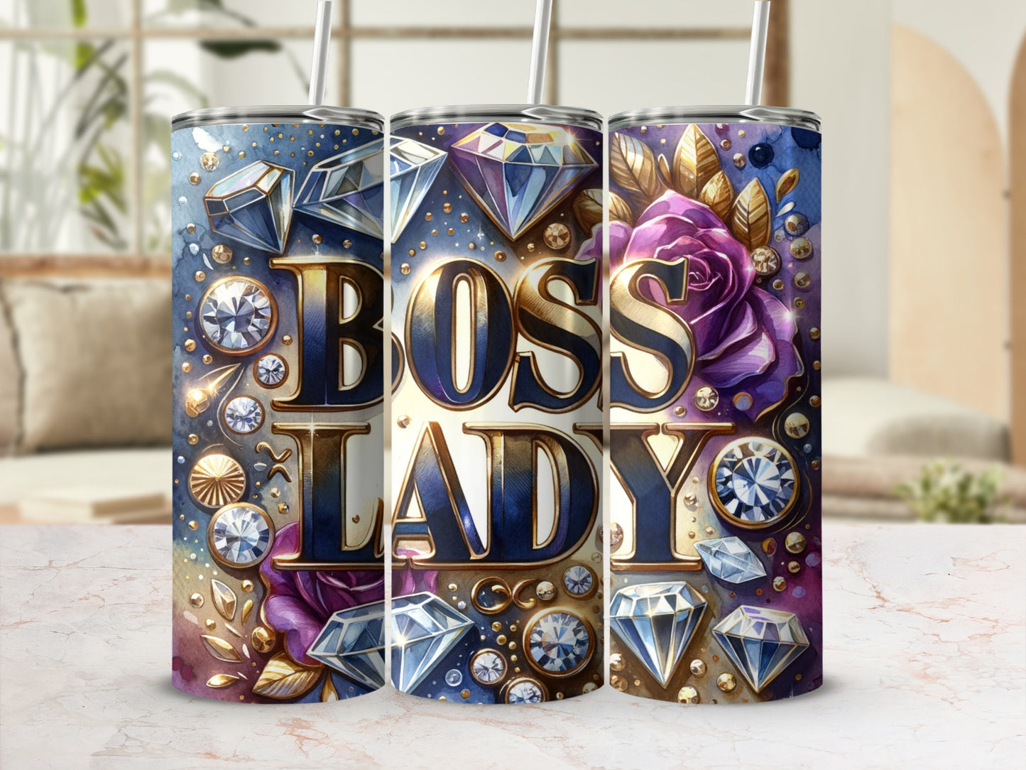 Boss Lady Tumbler with Gem and Floral Design
