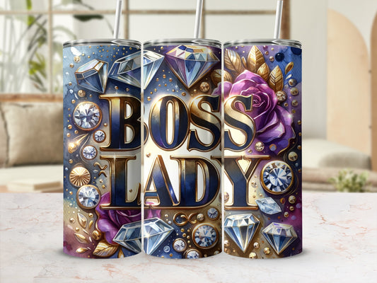 Boss Lady Tumbler with Gem and Floral Design