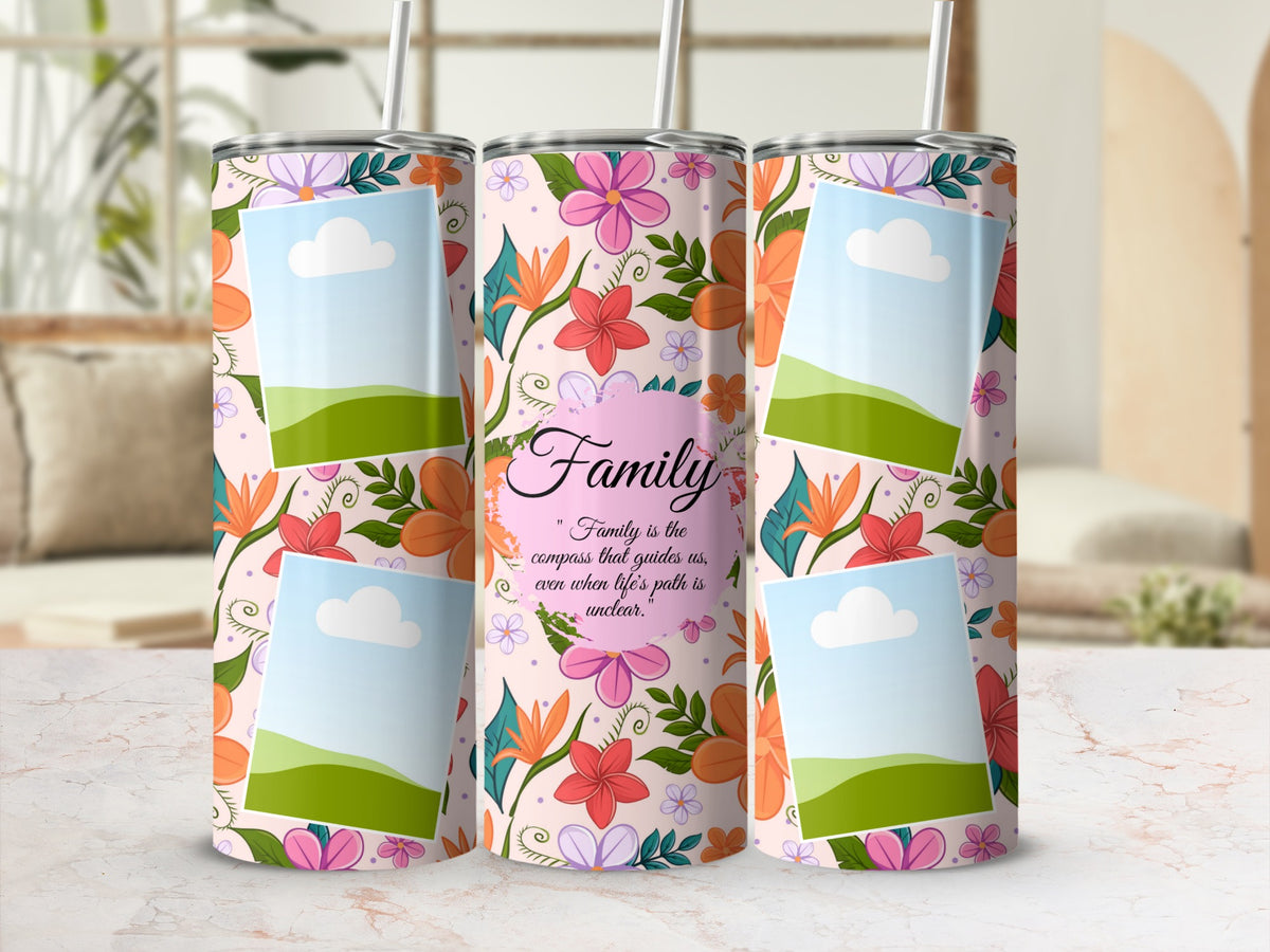 Three tumblers with floral print and picture frames, one with "Family" quote.