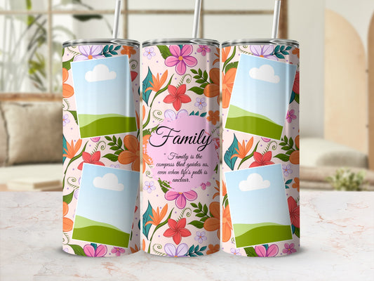 Three tumblers with floral print and picture frames, one with "Family" quote.