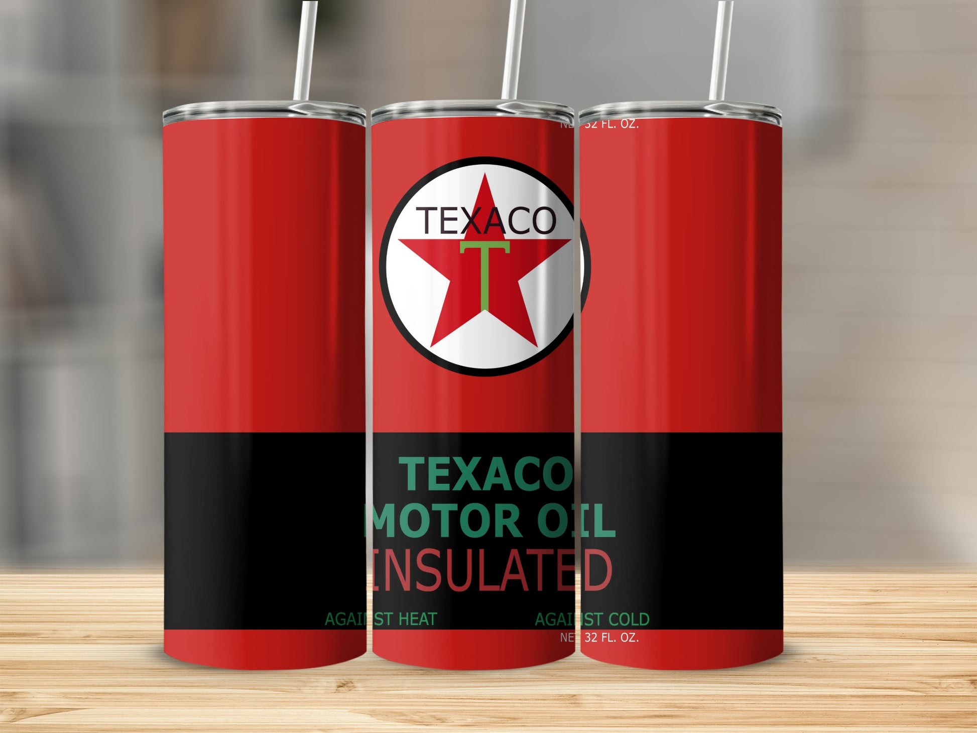Texaco Motor Oil insulated tumbler with red, black, and white branding.
