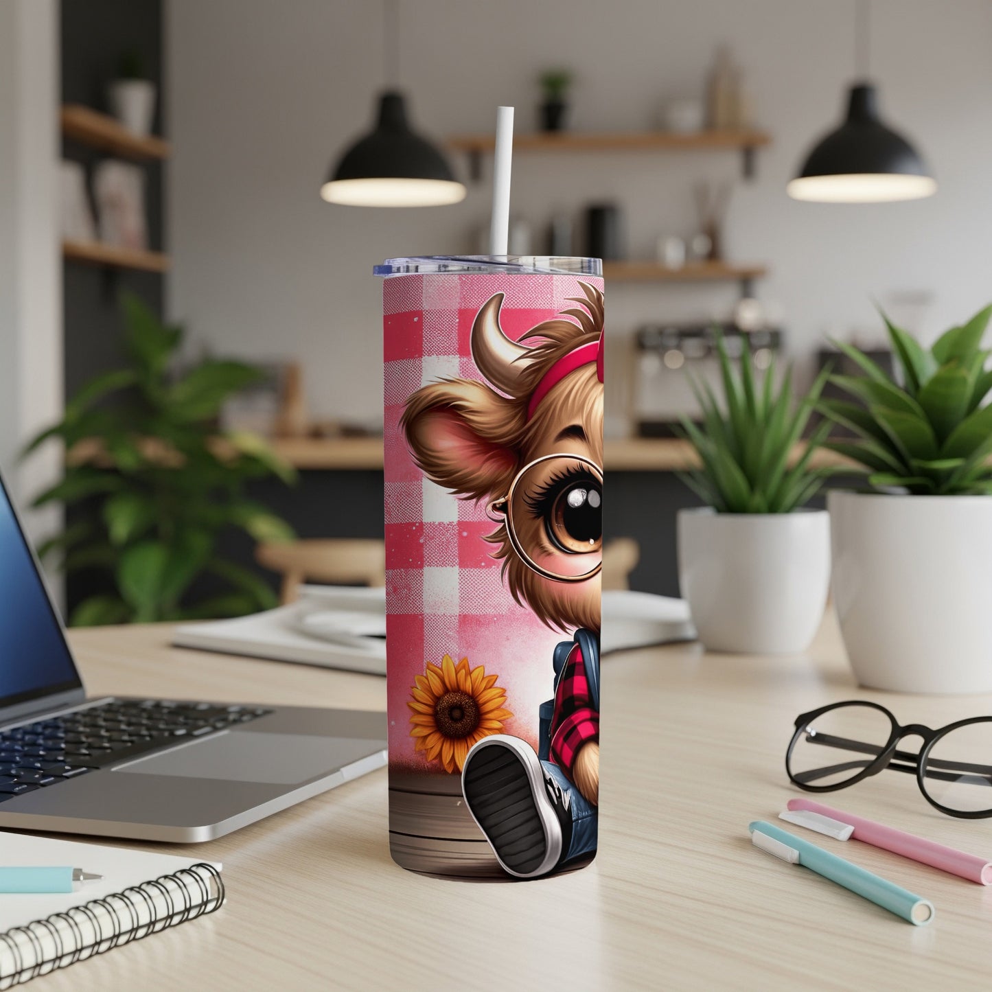 Cow with sunflower and glasses on a red gingham tumbler.