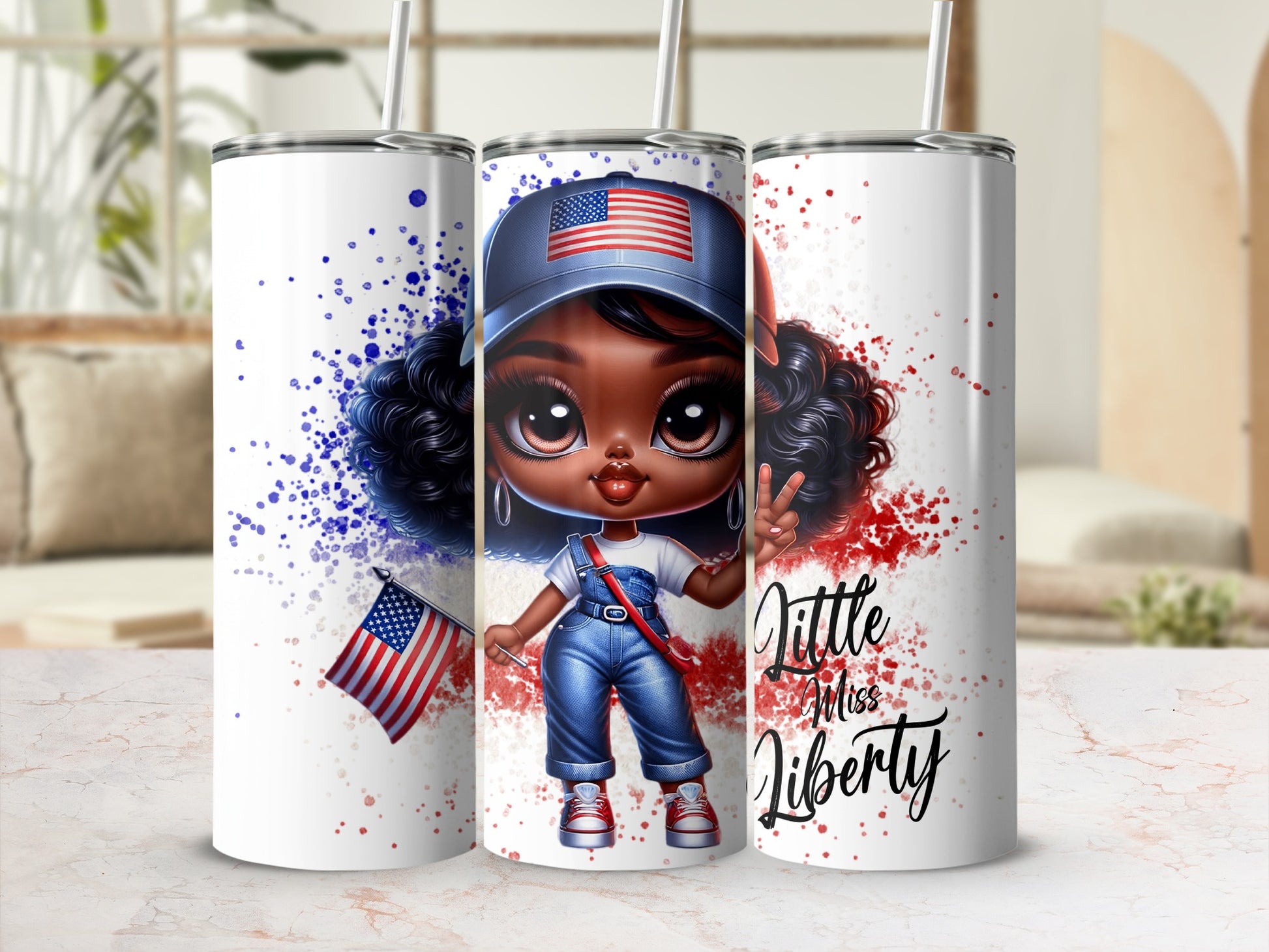 Cartoon girl in denim overalls with American flag and "Little Miss Liberty" text.