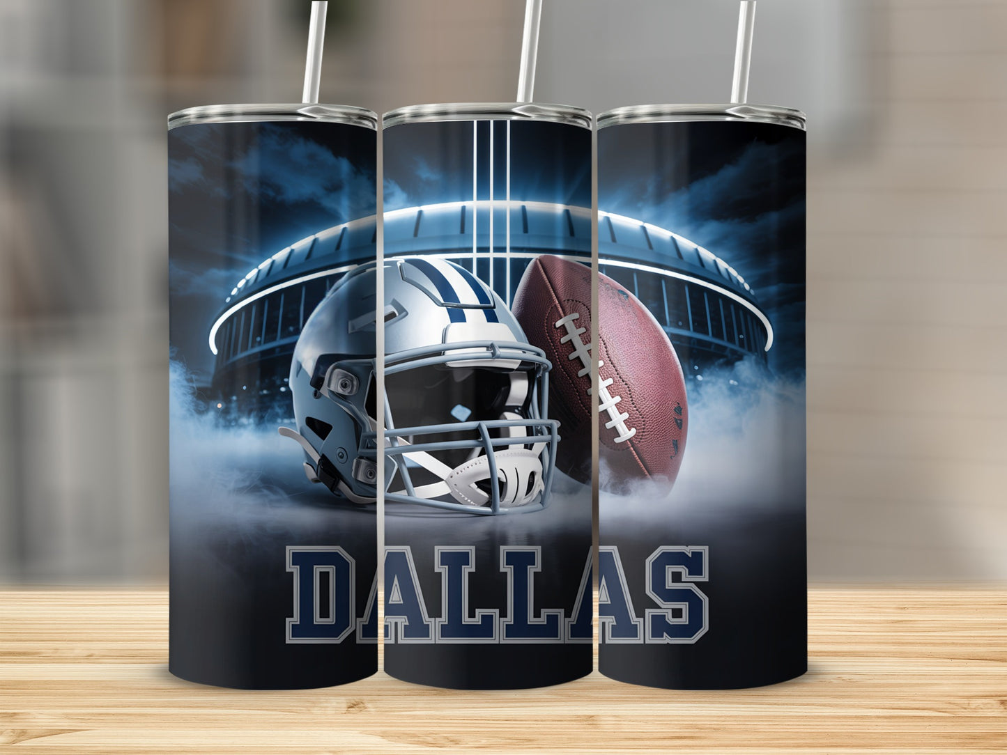Dallas Cowboys helmet, football, stadium, and "DALLAS" text on three tumblers.