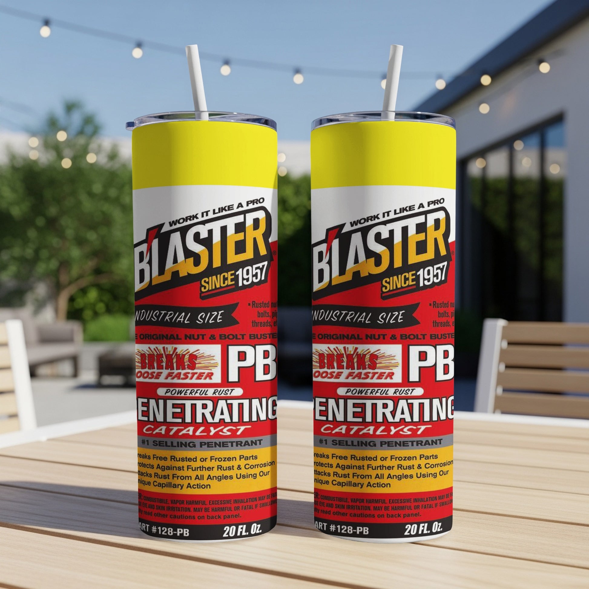 Two Blaster Industrial Size penetrating catalyst cans with text and product information.