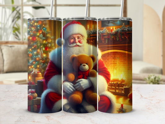 Festive Santa Claus and Teddy Bear Christmas Tumbler