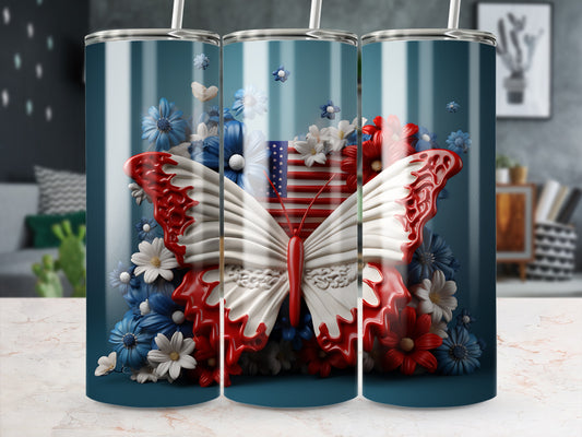 Butterfly with red and white wings and US flag on floral background.