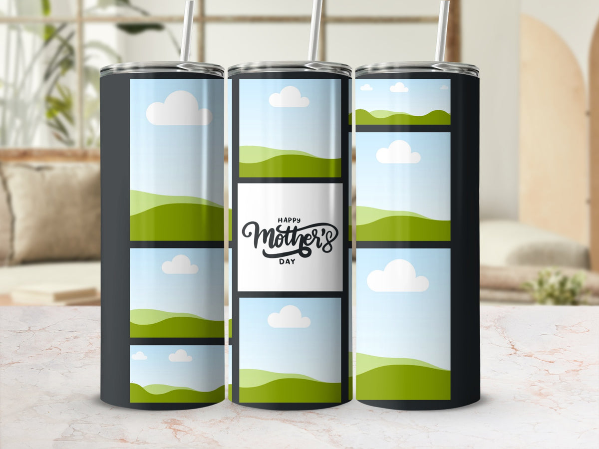 Three tumblers display a collage of landscape scenes and "Happy Mother's Day" text.