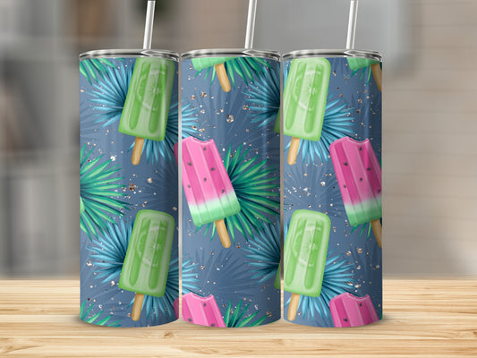 Three tumblers with popsicle and palm leaf designs.