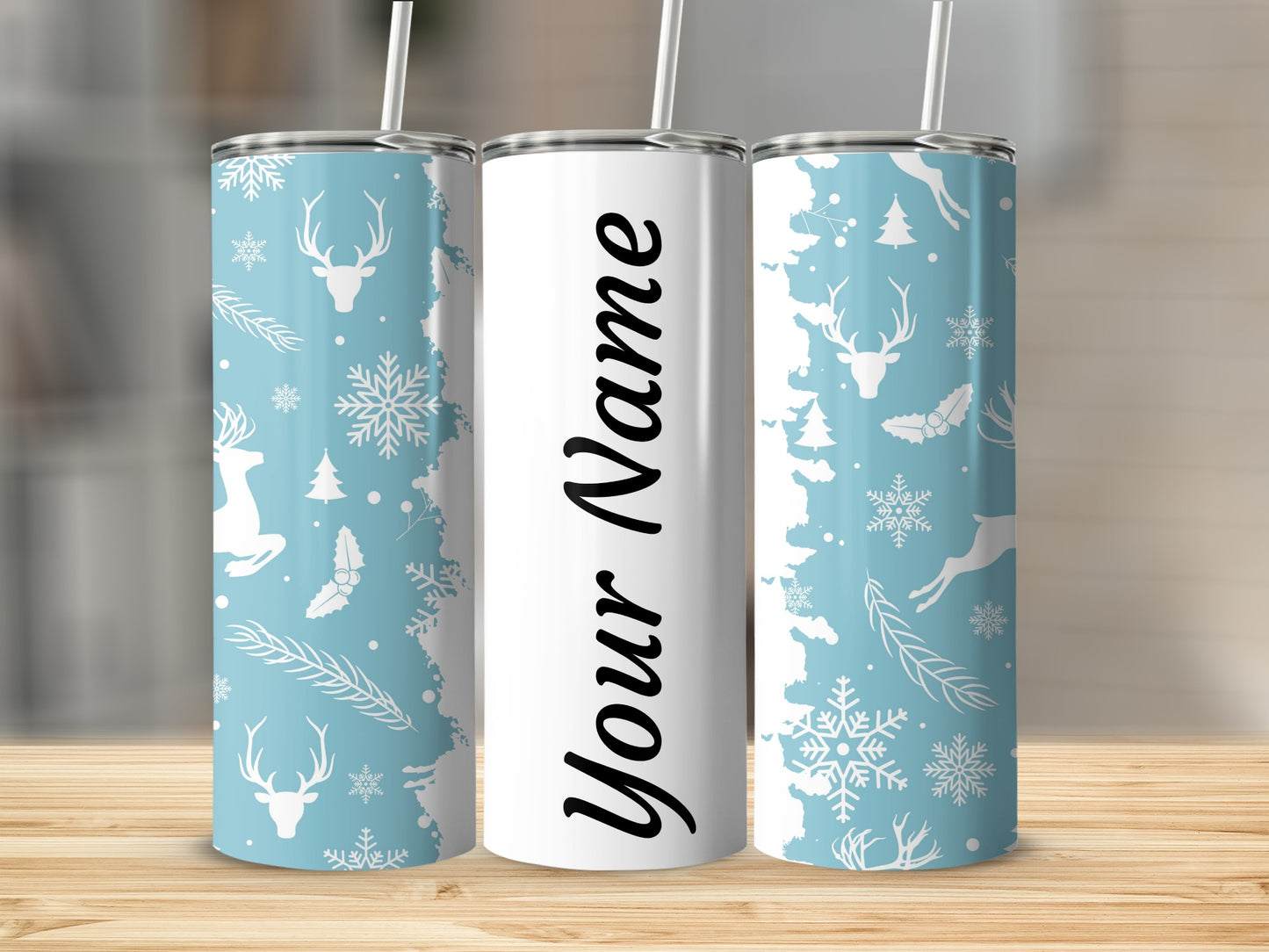 Personalized Christmas Reindeer and Snowflakes Tumbler