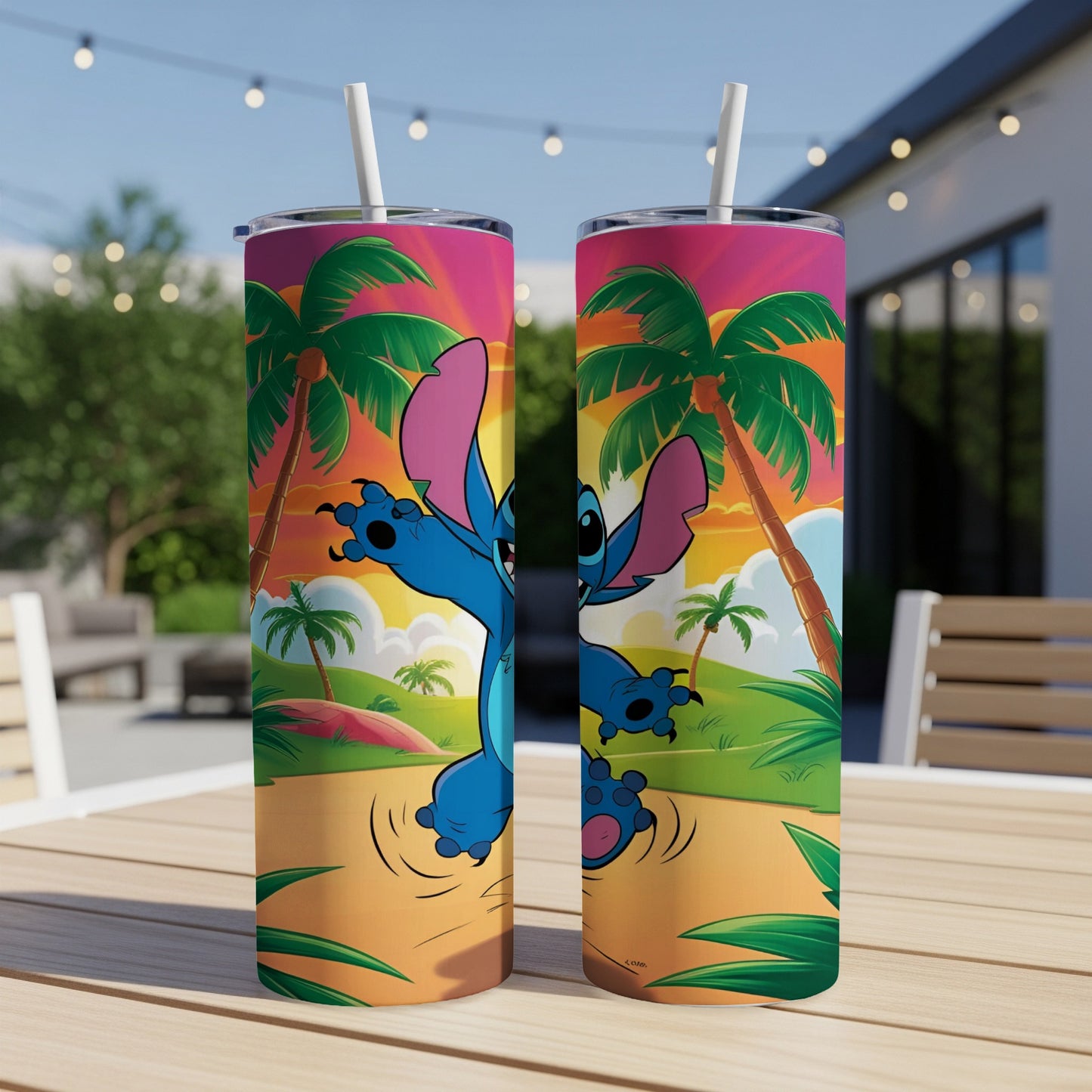 Stitch character from Lilo & Stitch dancing on tropical island graphic on skinny tumbler.