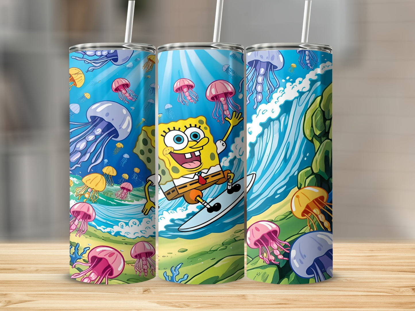 SpongeBob SquarePants surfing a wave with jellyfish in a sunny ocean scene.