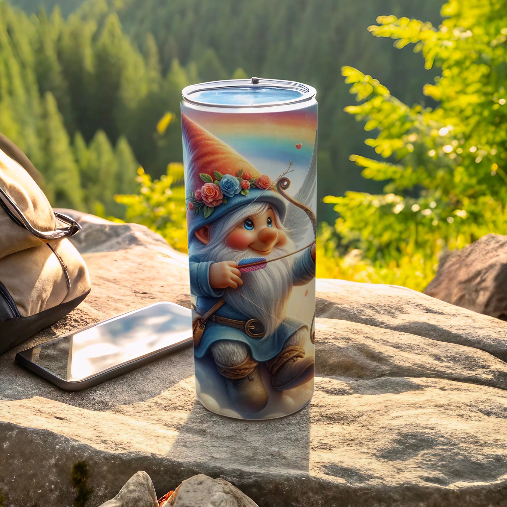 Adorable Gnome with Flowers and Rainbow Tumbler