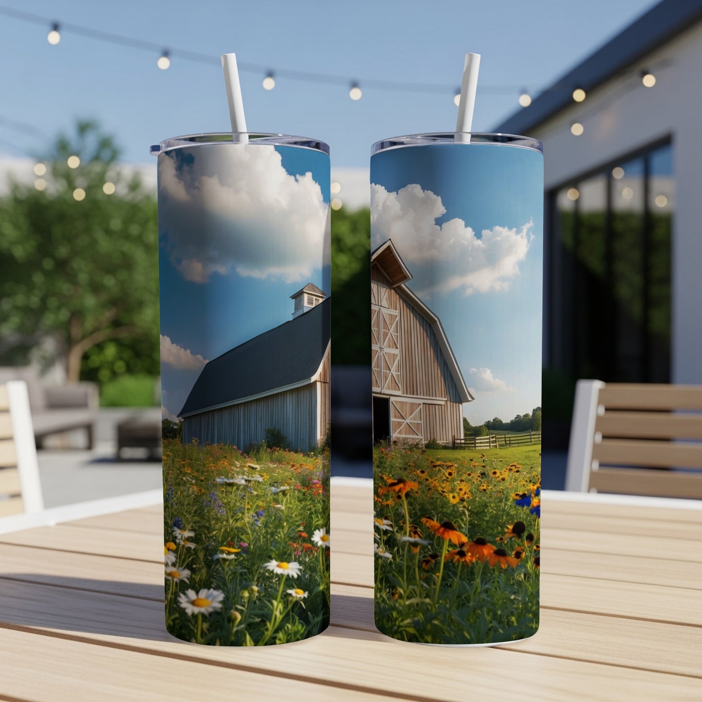 Barn and wildflowers on a double-walled tumbler with straws.
