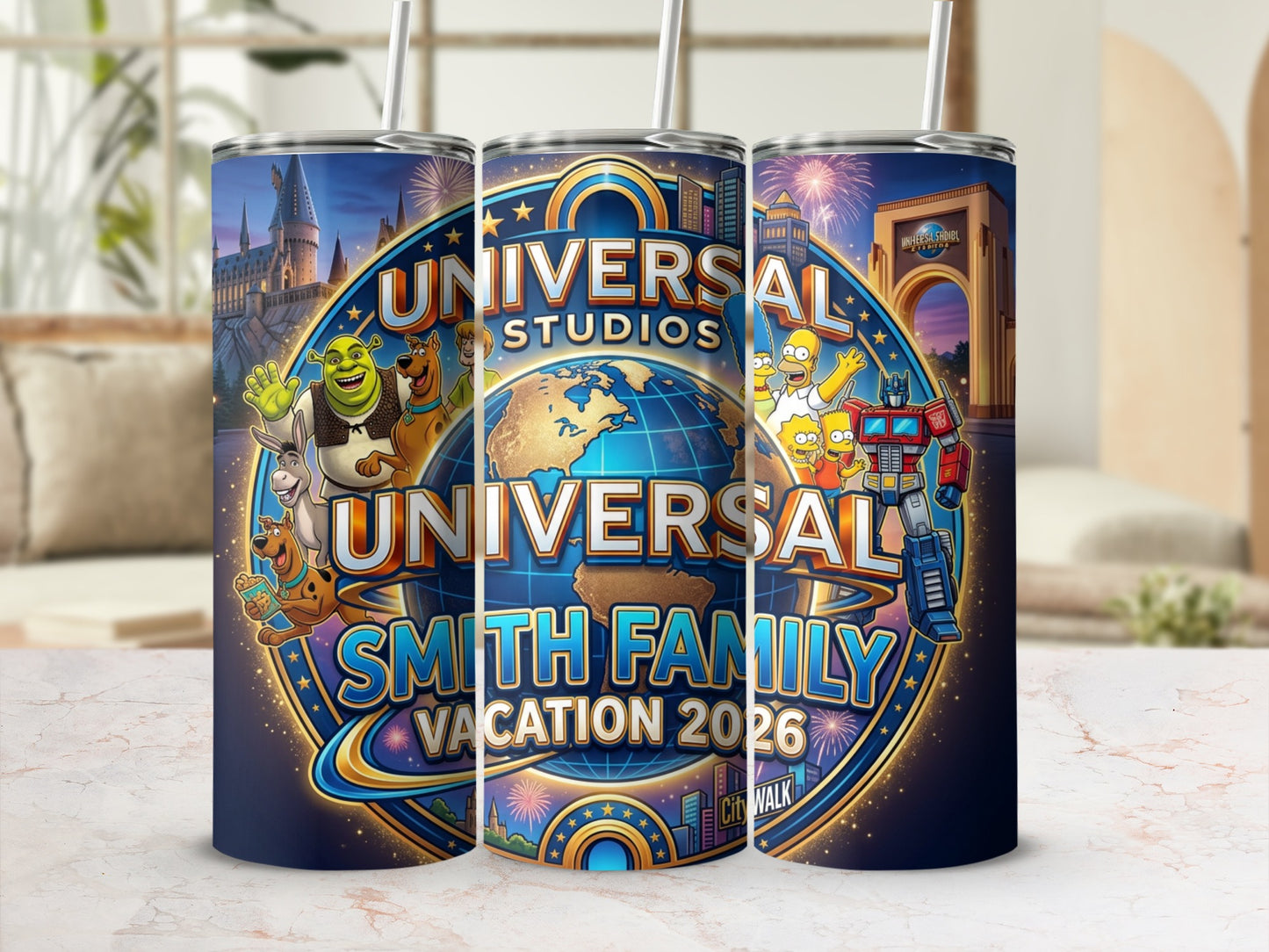 Universal Studios Smith Family Vacation 2026 tumbler with characters.