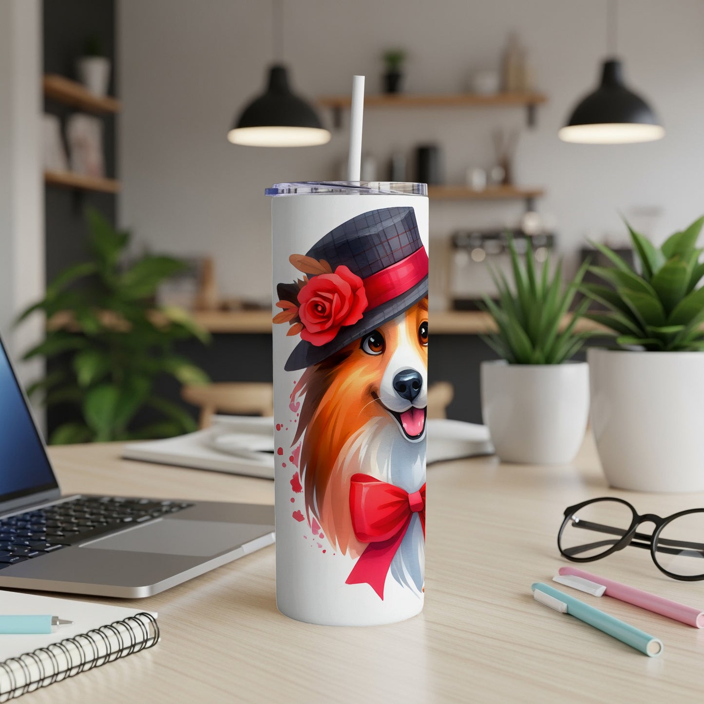 Dog wearing a hat and bow tie on a tumbler.