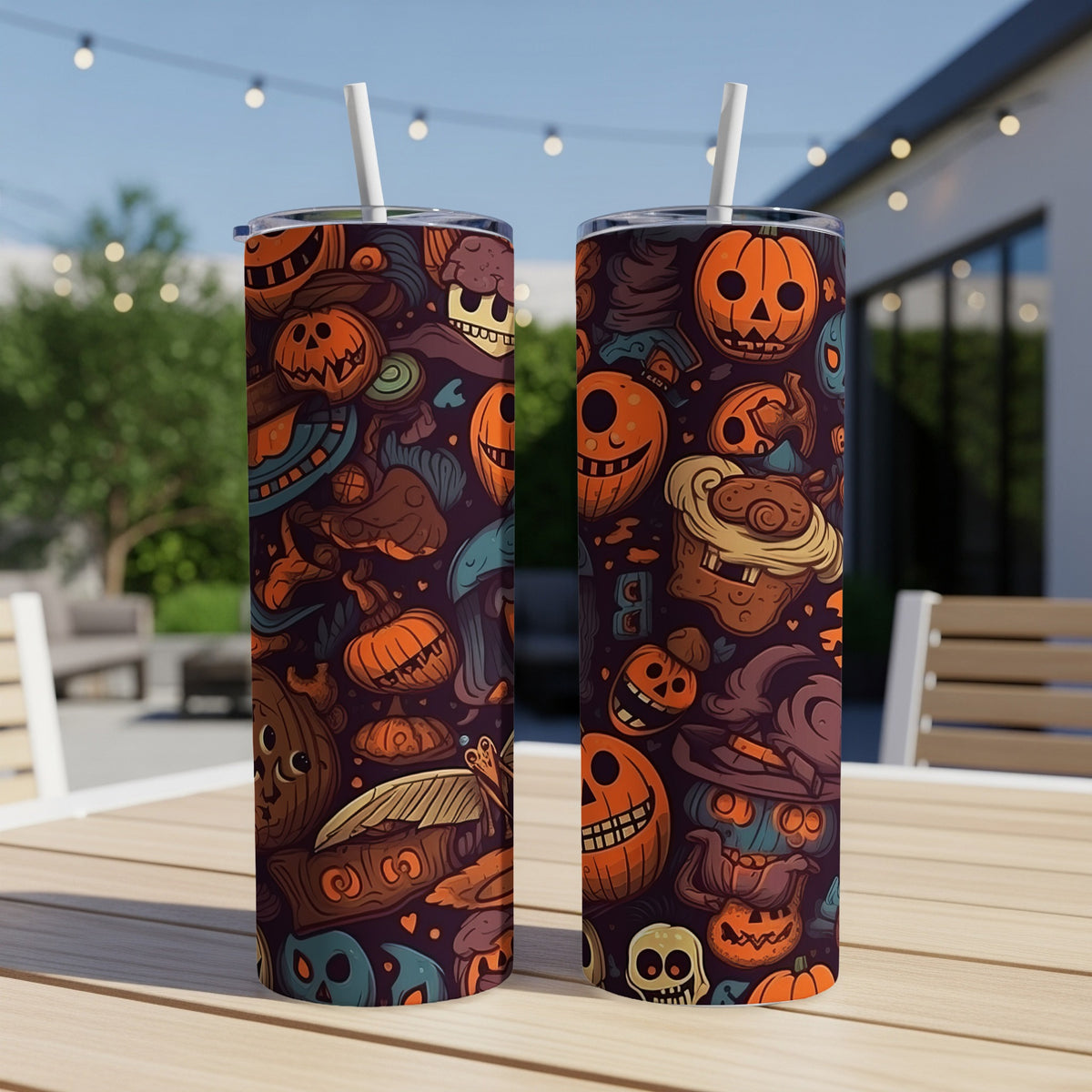 Tumblers with a dark purple Halloween pattern featuring jack-o'-lanterns, skulls, and spooky elements.
