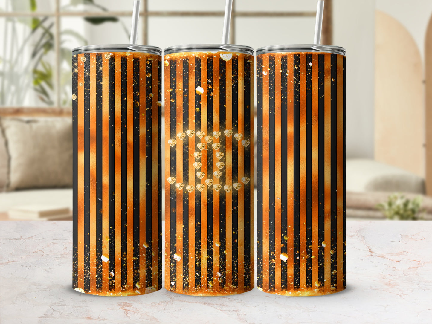 Elegant Gold and Black Striped Tumbler Cup Design