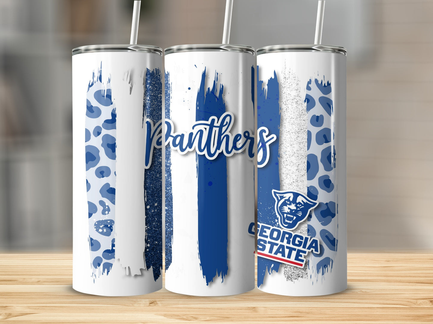 Panthers Georgia State Blue Leopard Print Brush Strokes Tumblers