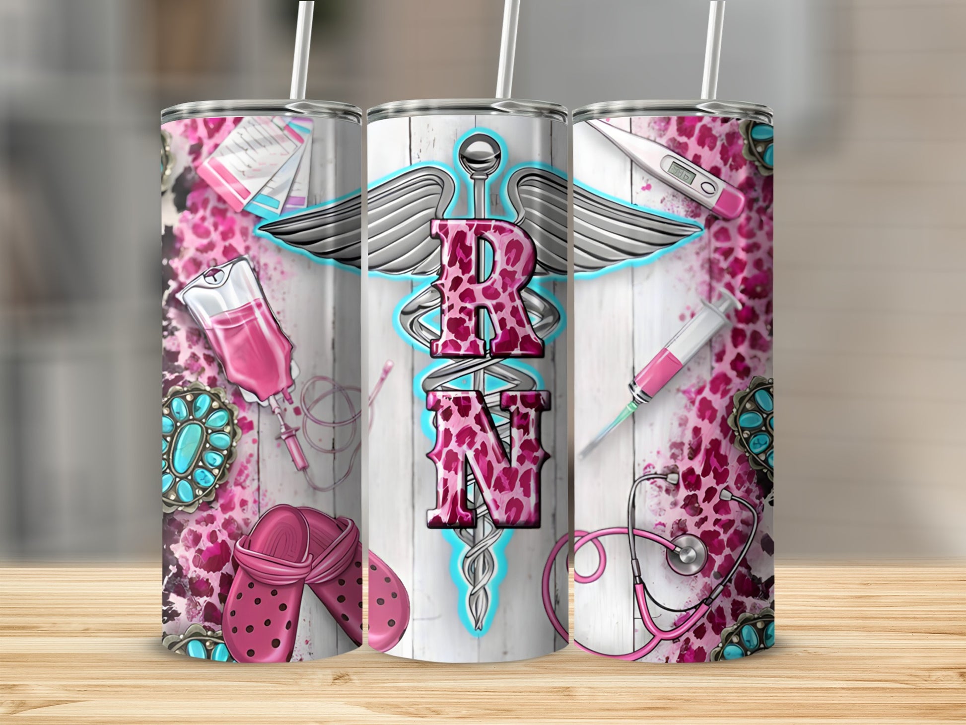 Pink leopard print RN tumbler with medical symbols and crocs.