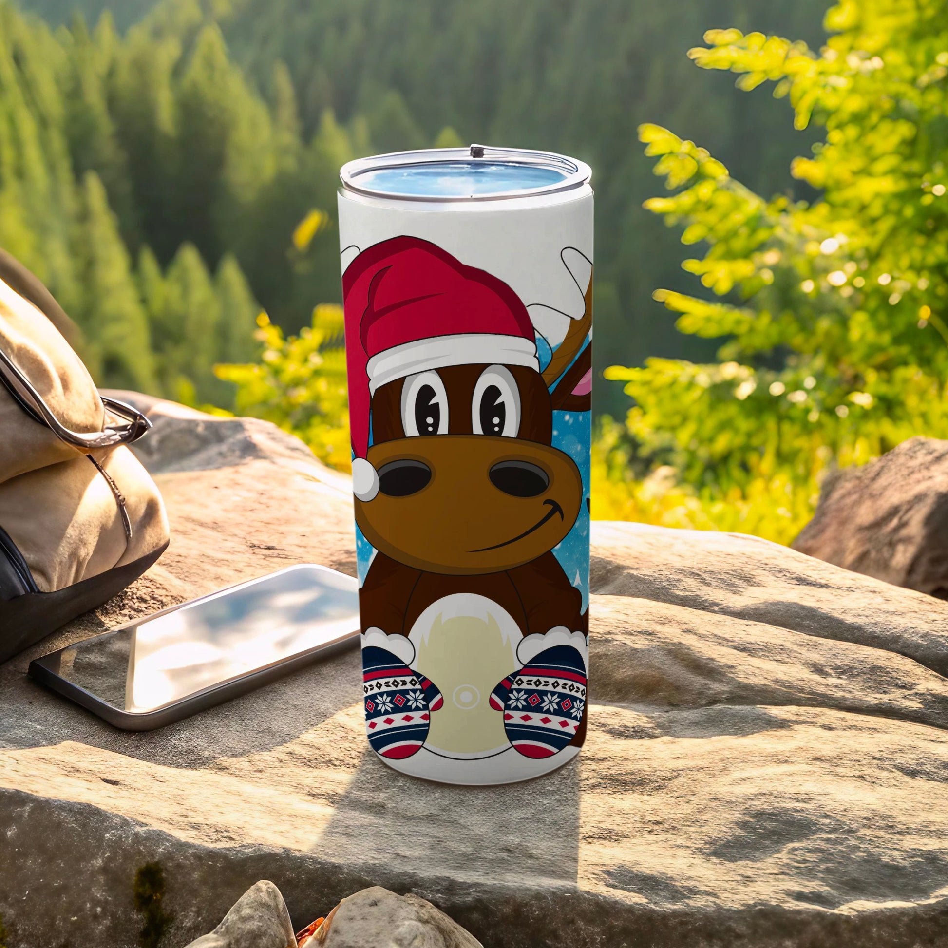 Festive Reindeer with Santa Hat Travel Mug