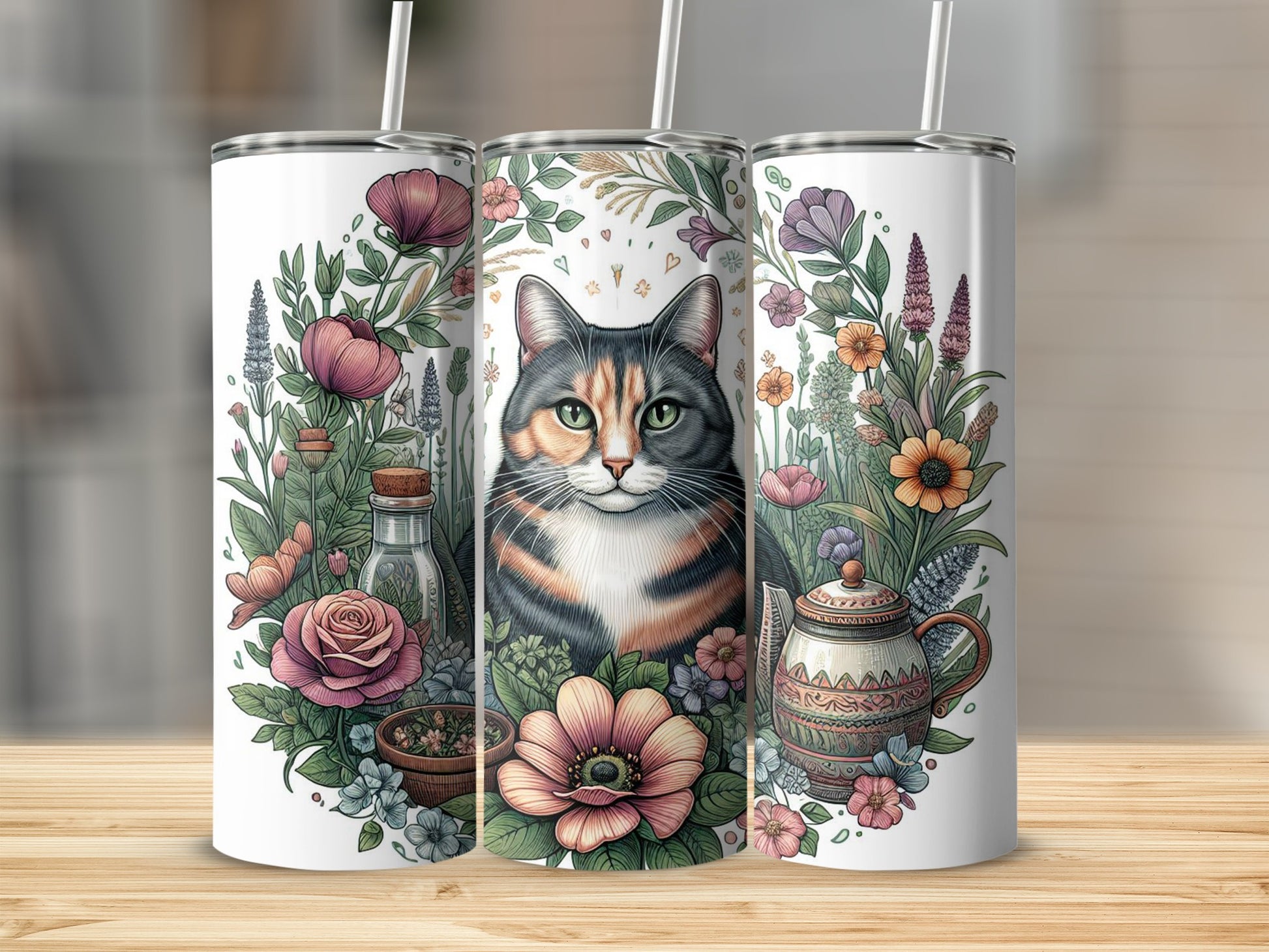 Cat with floral accents and a teapot on a skinny tumbler.
