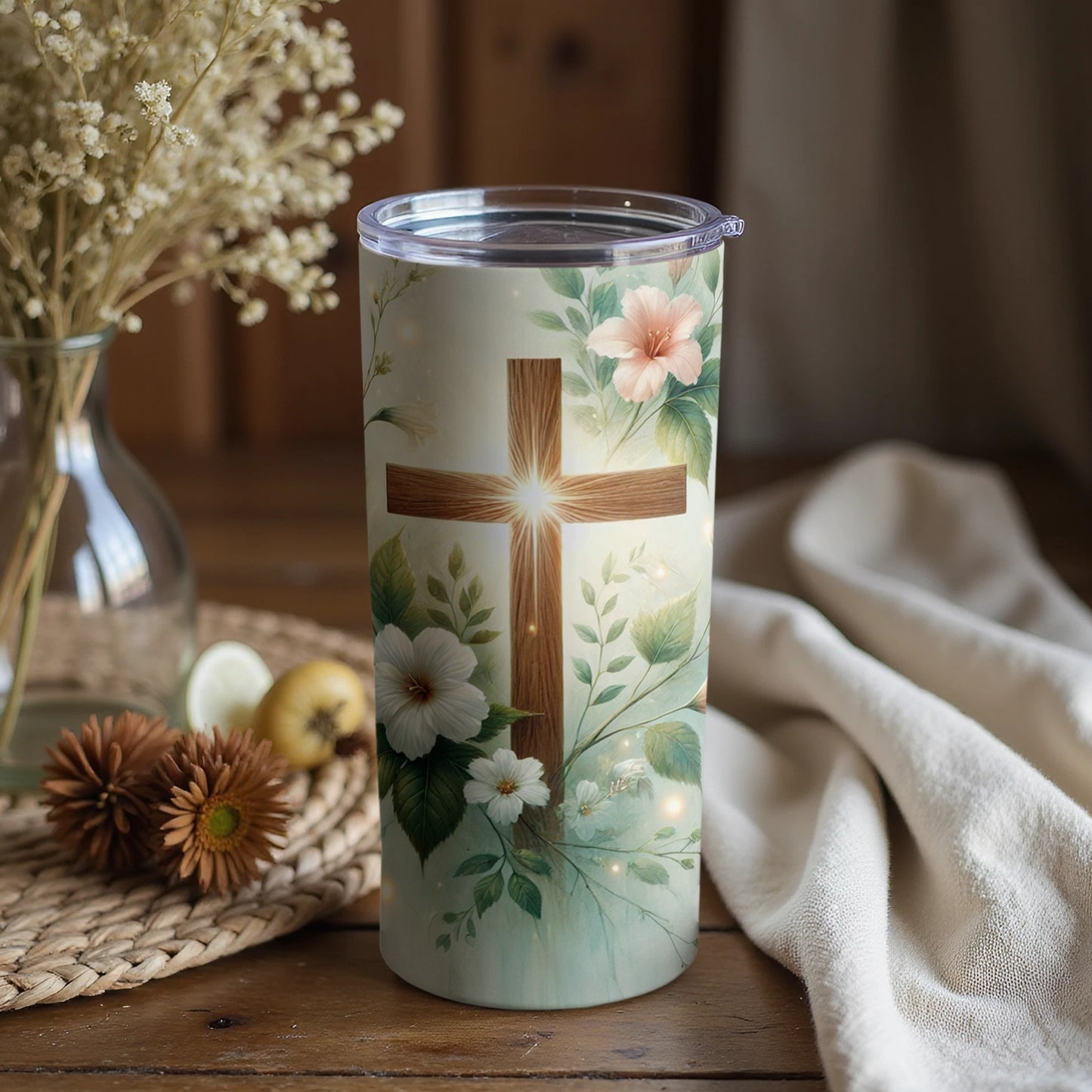Inspirational Cross and Floral Design Tumbler Cup