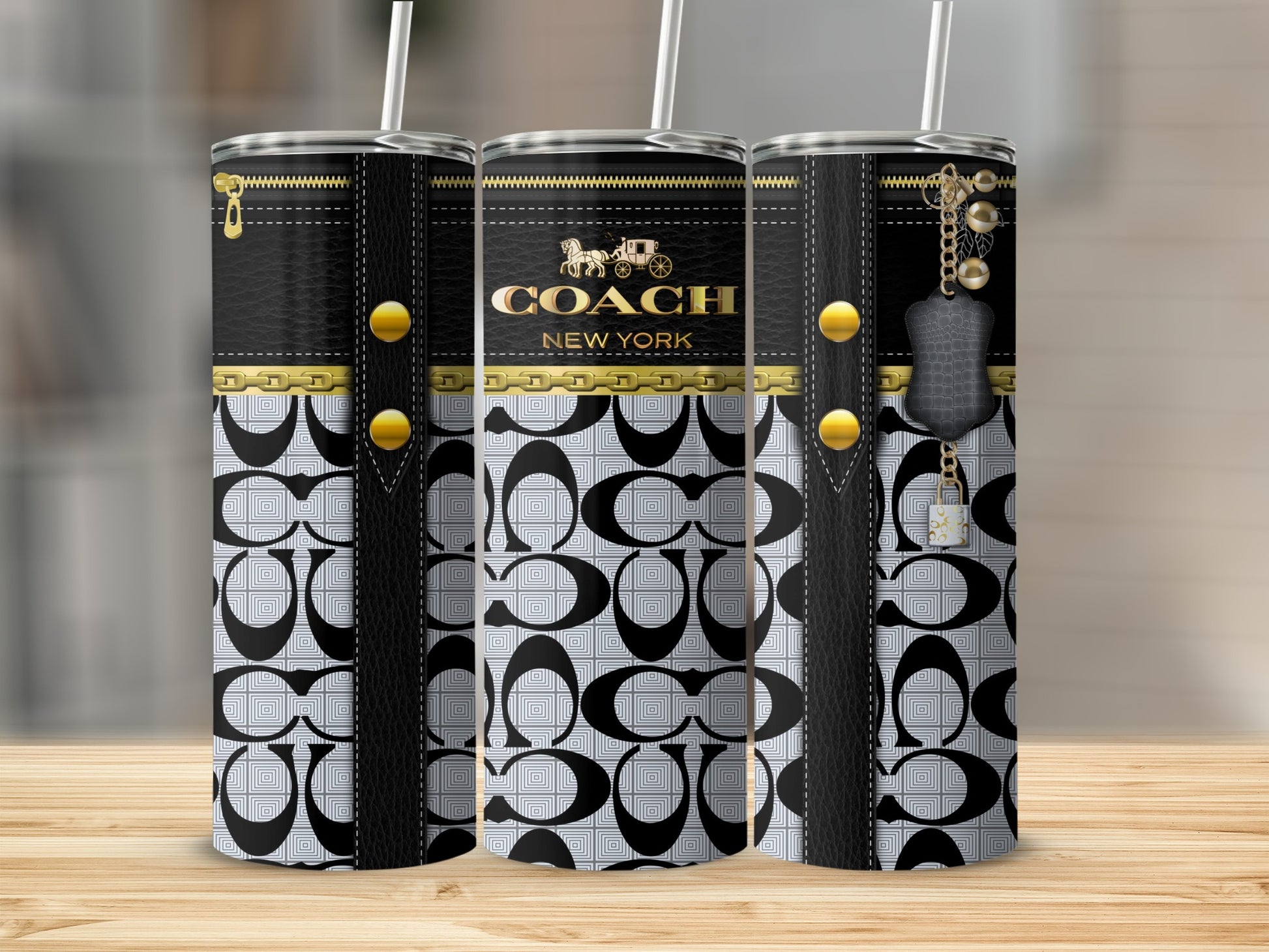 Stylish Coach New York Patterned Tumbler with Straw