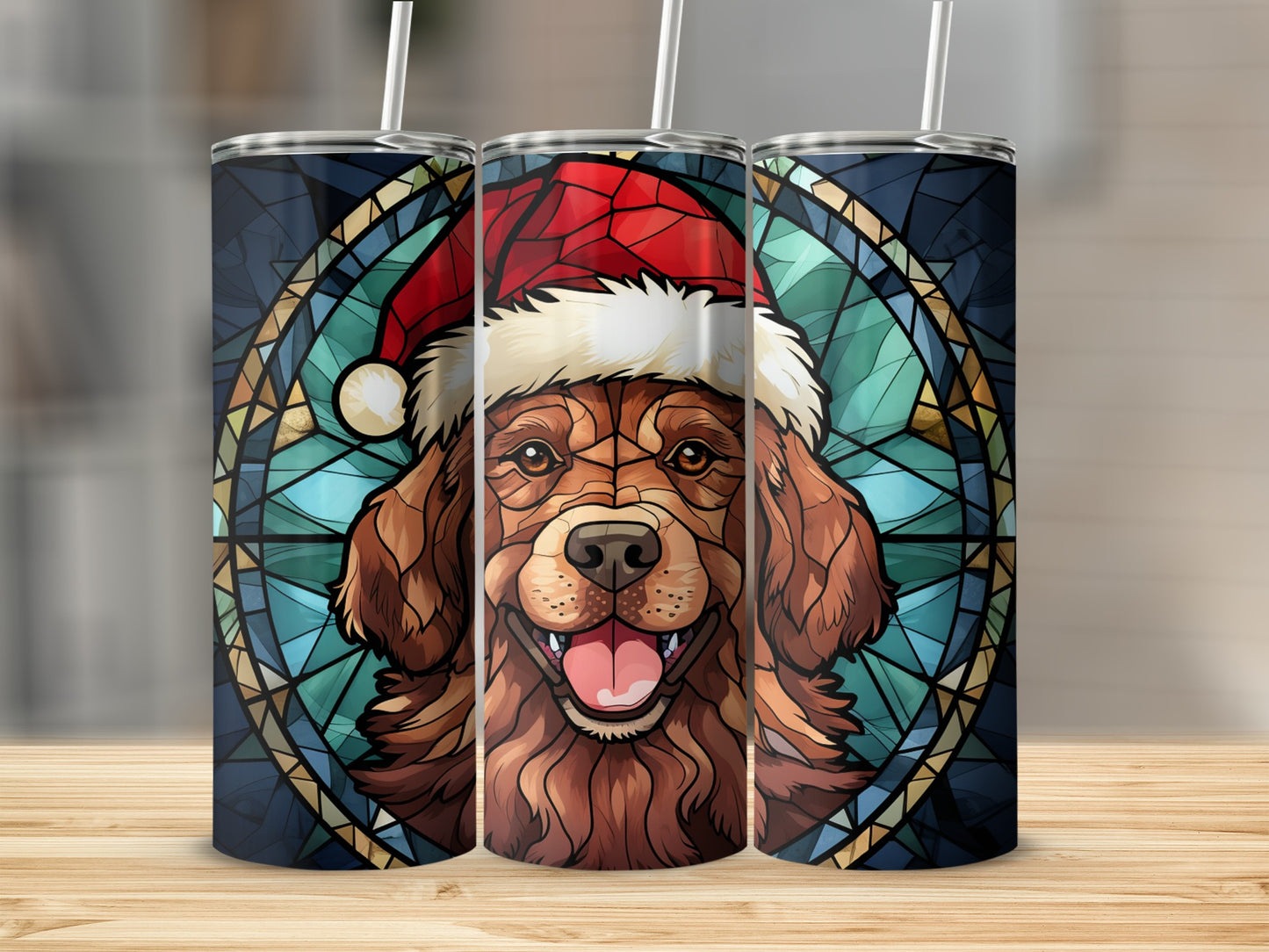 Three tumblers featuring a Golden Retriever wearing a Santa hat against a stained glass background.