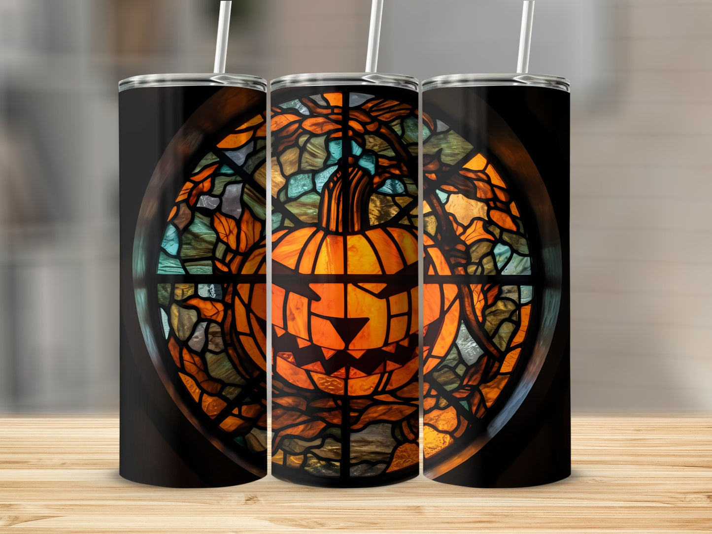 Jack-o'-lantern stained glass design on a tall tumbler.