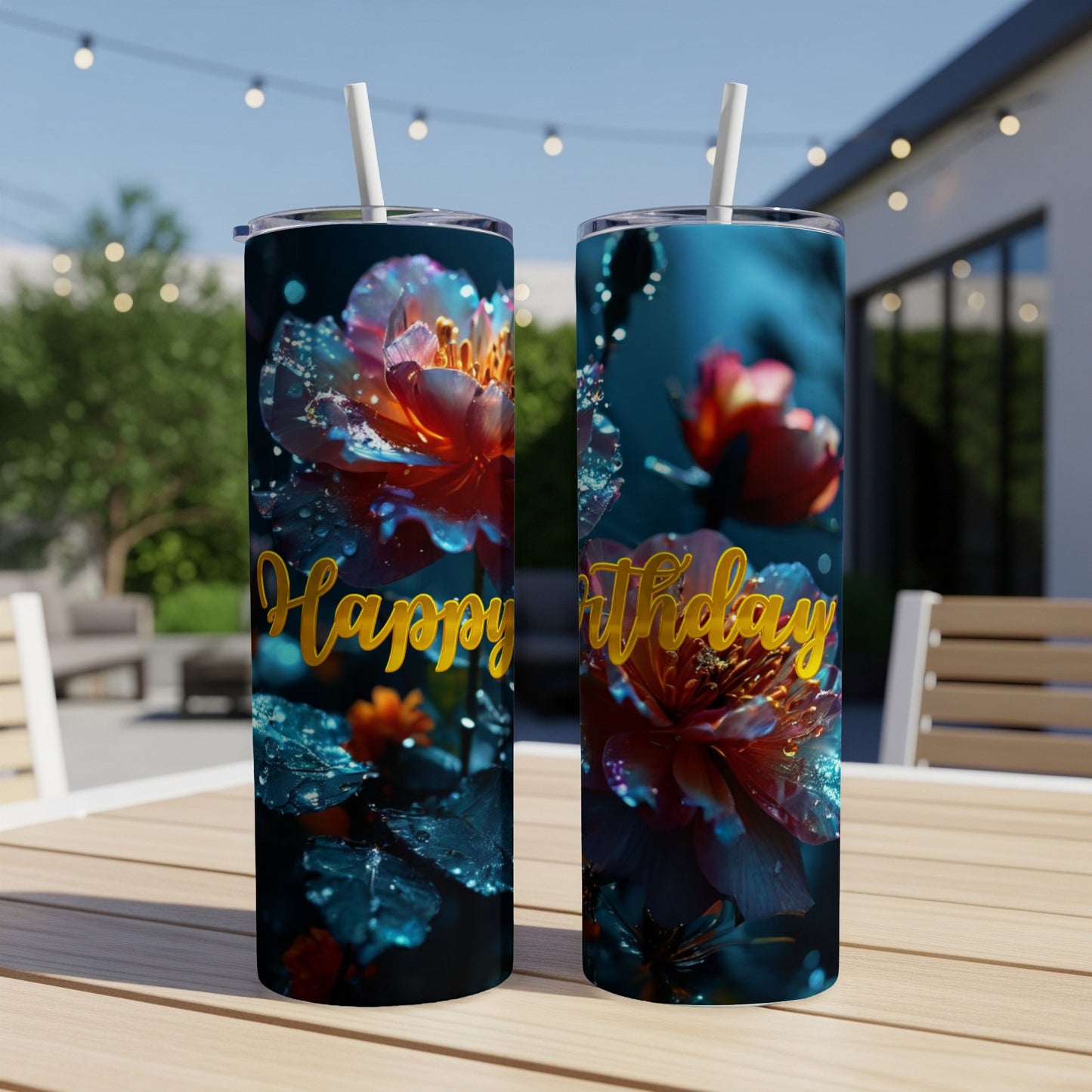 Two tumblers with floral design and "Happy Birthday" text.